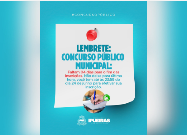 CONCURSO PÚBLICO MUNICIPAL: INSCRIÇÕES ENCERRAM-SE EM QUATRO DIAS